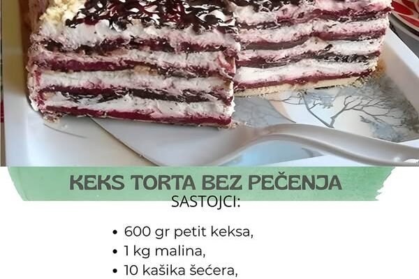 Keks torta bez pečenja – sa rendanom čokoladom i svežim malinam!