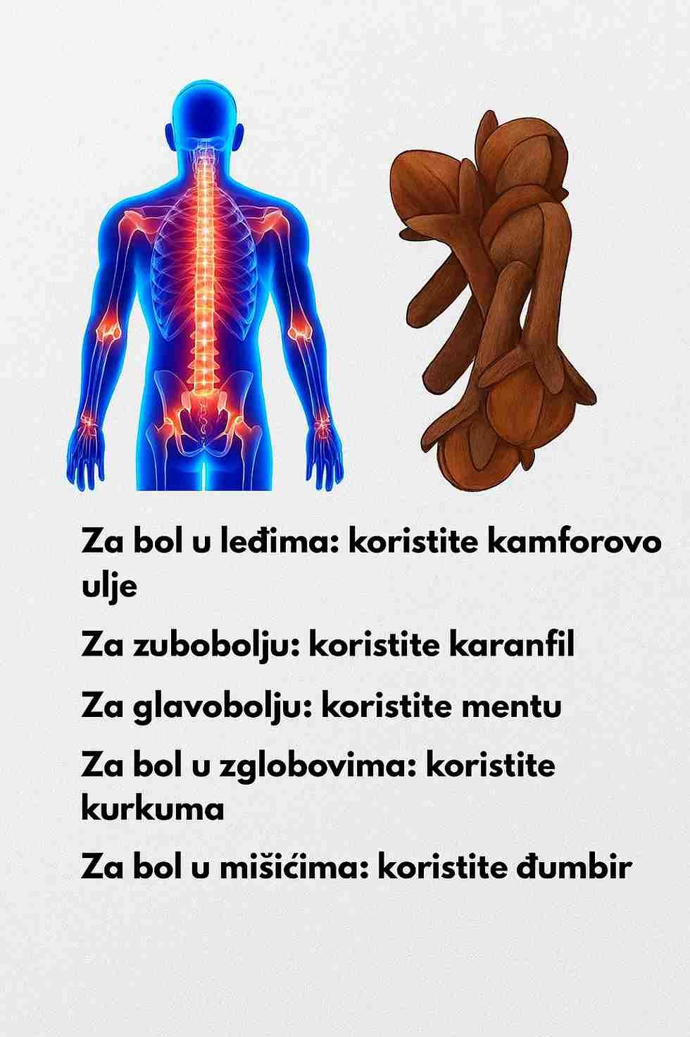 Bolovi i nelagodnosti su česti dio svakodnevnog života, a umjesto da uvijek posežemo za tabletama, priroda nam nudi brojne sastojke koji mogu pružiti olakšanje. Kroz stoljeća, različite biljke i ulja koristili su se kao prirodni lijekovi protiv bolova, a njihova djelotvornost potvrđena je i u modernom vremenu. ✅ Evo nekoliko moćnih prirodnih rješenja za ublažavanje bolova: 1️⃣ Kamforovo ulje – koristi se kod bolova u leđima jer pruža zagrijavajući i umirujući efekat. 2️⃣ Karanfilić – dobro poznat lijek za zubobolju zahvaljujući svojim svojstvima utrnulosti. 3️⃣ Menta – smanjuje glavobolje svojim rashlađujućim i umirujućim djelovanjem. 4️⃣ Kurkuma – zahvaljujući protuupalnim svojstvima pomaže kod bolova u zglobovima. 5️⃣ Đumbir – tradicionalno se koristi za ublažavanje bolova u mišićima i poboljšanje cirkulacije. 6️⃣ Bijeli luk – poznat po svojim antibakterijskim i antiupalnim svojstvima, često se koristi kod bolova u uhu. 7️⃣ Ružmarin – eterično ulje ružmarina pomaže kod bolova u mišićima i zglobovima, ali i kod migrena. 8️⃣ Lavanda – eterično ulje lavande pomaže da se tijelo opusti i smanjuje napetost koja uzrokuje bol. ✨ Redovno korištenje ovih prirodnih sastojaka može značajno doprinijeti ublažavanju uobičajenih bolova i poboljšanju kvaliteta života. Naravno, kod ozbiljnijih ili hroničnih tegoba uvijek se preporučuje konsultacija sa ljekarom, ali priroda ostaje snažan saveznik u očuvanju zdravlja i ravnoteže.