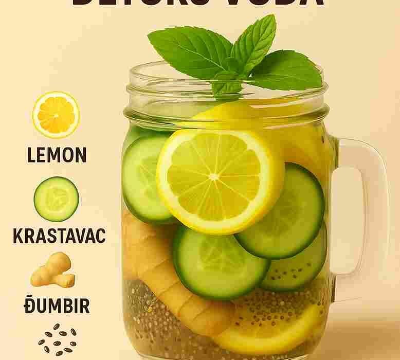 💦🍋💚 Noćna Detox Voda za Ravni Stomak Ako želiš prirodan način da pročistiš tijelo i osjećaš se lakše, ova detox voda za ravni stomak odličan je izbor. Napravljena od svježih i jednostavnih sastojaka, pomaže hidrataciji, smanjenju nadutosti i potiče probavu dok spavaš. Kombinacija limuna, krastavca, đumbira i chia sjemenki djeluje kao blagi prirodni detoksikator. Osvježavajuća je, ukusna i lako se priprema — idealna kao dio večernje rutine prije spavanja. 🥒 Sastojci: 1 limun, narezan na kolutiće 1 krastavac, narezan na kolutiće Komadić svježeg đumbira (oko 2–3 cm), narezan 1 kašika chia sjemenki Voda po potrebi 🍶 Priprema: 1️⃣ U veliku staklenu teglu ili bokal dodaj limun, krastavac i đumbir. 2️⃣ Umiješaj 1 kašiku chia sjemenki. 3️⃣ Napuni teglu vodom tako da svi sastojci budu prekriveni. 4️⃣ Promiješaj dobro da se sastojci sjedine. 5️⃣ Stavi u frižider na najmanje 30 minuta da se ukusi povežu. 6️⃣ Posluži rashlađeno, po želji uz nekoliko listića svježe mente. 💚 Savjet: Ovaj napitak mnogi piju prije spavanja jer se vjeruje da pomaže u smanjenju nadutosti i poticanju varenja. Iako ne postoje naučni dokazi da sagorijeva masnoće tokom sna, redovno ispijanje vode i uravnotežena prehrana sigurno doprinose boljem zdravlju i održavanju zdrave tjelesne težine. 🌿