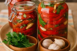 Peglana paprika – provjereni recept za domaću zimnicu Ukusna domaća zimnica od crvenih paprika u sirćetu, ulju i začinima. Jednostavna priprema korak po korak, uz sigurne rezultate – paprike koje ostaju čvrste, aromatične i dugotrajne! 👩‍🍳 Sastojci (za oko 8 osoba) 5 kg crvenih mesnatih paprika 500 ml ulja 500 ml sirćeta 200 g soli 100 g šećera 2 glavice bijelog luka 1 kesica bibera u zrnu 1 veza peršuna ⏱ Vrijeme pripreme Priprema: 40 minuta Stajanje: 12 sati Ukupno vrijeme: 13 sati 🍴 Priprema Priprema paprika: Operite paprike, očistite od sjemenki i, ako su veće, prepolovite ih. Slojevi: U dublju posudu redajte red paprika, pospite ih malo šećerom i soli, pa prelijte uljem i sirćetom. Nastavite dok ne potrošite sve sastojke. Odmor: Ostavite paprike da prenoće (oko 12 sati), povremeno ih promiješajte da upiju sokove. Slaganje u tegle: Kada paprike omekšaju, slažite ih u sterilizirane staklene tegle. Između redova dodajte čenove bijelog luka, nekoliko zrna bibera i malo sjeckanog peršuna. Dobro pritisnite paprike. Završetak: Prelijte tegle tečnošću u kojoj su paprike stajale. Po želji dodajte plastičnu rešetku da paprike ostanu potopljene, zatvorite poklopce i čuvajte na hladnom i tamnom mjestu. 💡 Korisni savjeti Sterilizacija tegli: Operite i zagrijte tegle u rerni na 100 °C oko 10 minuta prije punjenja. Pritisak paprika: Pritisnite paprike drvenom ili plastičnom kašikom kako bi se istisnuo višak zraka. Varijacije ukusa: Umjesto peršuna možete koristiti listove celera ili dodati malo ljute papričice za pikantnu notu. 🧂 Zamjene i personalizacija recepta Ulje: zamijenite suncokretovo maslinovim uljem za mediteranski šmek. Šećer: možete koristiti manju količinu meda ili prirodni zaslađivač. Dodaci: korijander, sjemenke gorušice ili lovorov list obogatit će aromu. ⚠️ Najčešće greške Nedovoljno sterilizirane tegle → mogu izazvati kvarenje. Paprike nisu potpuno potopljene u tečnost → postoji rizik od buđi. Previše šećera → mijenja prirodan, slani okus. ❓ FAQ – Često postavljana pitanja 1. Koliko dugo se može čuvati peglana paprika? Do godinu dana ako je pravilno spremljena i čuvana na hladnom i tamnom mjestu. 2. Treba li dodavati konzervans? Ne. Sirće, so i ulje su prirodni konzervansi. 3. Mogu li koristiti zelene ili žute paprike? Možete, ali crvene mesnate paprike daju najbolju boju i najbogatiji okus. 4. Kako spriječiti da paprike isplivaju? Dobro ih pritisnite i koristite plastičnu rešetku da ostanu potopljene. 📦 Čuvanje Čuvati u hladnoj i tamnoj prostoriji. Nakon otvaranja tegli, držati u frižideru i potrošiti u roku od nekoliko dana.