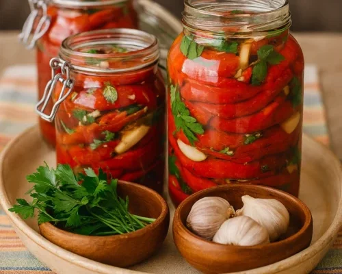 Peglana paprika – provjereni recept za domaću zimnicu Ukusna domaća zimnica od crvenih paprika u sirćetu, ulju i začinima. Jednostavna priprema korak po korak, uz sigurne rezultate – paprike koje ostaju čvrste, aromatične i dugotrajne! 👩‍🍳 Sastojci (za oko 8 osoba) 5 kg crvenih mesnatih paprika 500 ml ulja 500 ml sirćeta 200 g soli 100 g šećera 2 glavice bijelog luka 1 kesica bibera u zrnu 1 veza peršuna ⏱ Vrijeme pripreme Priprema: 40 minuta Stajanje: 12 sati Ukupno vrijeme: 13 sati 🍴 Priprema Priprema paprika: Operite paprike, očistite od sjemenki i, ako su veće, prepolovite ih. Slojevi: U dublju posudu redajte red paprika, pospite ih malo šećerom i soli, pa prelijte uljem i sirćetom. Nastavite dok ne potrošite sve sastojke. Odmor: Ostavite paprike da prenoće (oko 12 sati), povremeno ih promiješajte da upiju sokove. Slaganje u tegle: Kada paprike omekšaju, slažite ih u sterilizirane staklene tegle. Između redova dodajte čenove bijelog luka, nekoliko zrna bibera i malo sjeckanog peršuna. Dobro pritisnite paprike. Završetak: Prelijte tegle tečnošću u kojoj su paprike stajale. Po želji dodajte plastičnu rešetku da paprike ostanu potopljene, zatvorite poklopce i čuvajte na hladnom i tamnom mjestu. 💡 Korisni savjeti Sterilizacija tegli: Operite i zagrijte tegle u rerni na 100 °C oko 10 minuta prije punjenja. Pritisak paprika: Pritisnite paprike drvenom ili plastičnom kašikom kako bi se istisnuo višak zraka. Varijacije ukusa: Umjesto peršuna možete koristiti listove celera ili dodati malo ljute papričice za pikantnu notu. 🧂 Zamjene i personalizacija recepta Ulje: zamijenite suncokretovo maslinovim uljem za mediteranski šmek. Šećer: možete koristiti manju količinu meda ili prirodni zaslađivač. Dodaci: korijander, sjemenke gorušice ili lovorov list obogatit će aromu. ⚠️ Najčešće greške Nedovoljno sterilizirane tegle → mogu izazvati kvarenje. Paprike nisu potpuno potopljene u tečnost → postoji rizik od buđi. Previše šećera → mijenja prirodan, slani okus. ❓ FAQ – Često postavljana pitanja 1. Koliko dugo se može čuvati peglana paprika? Do godinu dana ako je pravilno spremljena i čuvana na hladnom i tamnom mjestu. 2. Treba li dodavati konzervans? Ne. Sirće, so i ulje su prirodni konzervansi. 3. Mogu li koristiti zelene ili žute paprike? Možete, ali crvene mesnate paprike daju najbolju boju i najbogatiji okus. 4. Kako spriječiti da paprike isplivaju? Dobro ih pritisnite i koristite plastičnu rešetku da ostanu potopljene. 📦 Čuvanje Čuvati u hladnoj i tamnoj prostoriji. Nakon otvaranja tegli, držati u frižideru i potrošiti u roku od nekoliko dana.