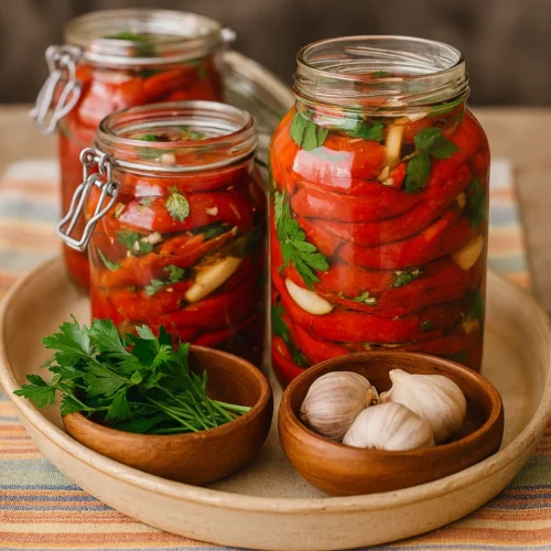 Peglana paprika – provjereni recept za domaću zimnicu Ukusna domaća zimnica od crvenih paprika u sirćetu, ulju i začinima. Jednostavna priprema korak po korak, uz sigurne rezultate – paprike koje ostaju čvrste, aromatične i dugotrajne! 👩‍🍳 Sastojci (za oko 8 osoba) 5 kg crvenih mesnatih paprika 500 ml ulja 500 ml sirćeta 200 g soli 100 g šećera 2 glavice bijelog luka 1 kesica bibera u zrnu 1 veza peršuna ⏱ Vrijeme pripreme Priprema: 40 minuta Stajanje: 12 sati Ukupno vrijeme: 13 sati 🍴 Priprema Priprema paprika: Operite paprike, očistite od sjemenki i, ako su veće, prepolovite ih. Slojevi: U dublju posudu redajte red paprika, pospite ih malo šećerom i soli, pa prelijte uljem i sirćetom. Nastavite dok ne potrošite sve sastojke. Odmor: Ostavite paprike da prenoće (oko 12 sati), povremeno ih promiješajte da upiju sokove. Slaganje u tegle: Kada paprike omekšaju, slažite ih u sterilizirane staklene tegle. Između redova dodajte čenove bijelog luka, nekoliko zrna bibera i malo sjeckanog peršuna. Dobro pritisnite paprike. Završetak: Prelijte tegle tečnošću u kojoj su paprike stajale. Po želji dodajte plastičnu rešetku da paprike ostanu potopljene, zatvorite poklopce i čuvajte na hladnom i tamnom mjestu. 💡 Korisni savjeti Sterilizacija tegli: Operite i zagrijte tegle u rerni na 100 °C oko 10 minuta prije punjenja. Pritisak paprika: Pritisnite paprike drvenom ili plastičnom kašikom kako bi se istisnuo višak zraka. Varijacije ukusa: Umjesto peršuna možete koristiti listove celera ili dodati malo ljute papričice za pikantnu notu. 🧂 Zamjene i personalizacija recepta Ulje: zamijenite suncokretovo maslinovim uljem za mediteranski šmek. Šećer: možete koristiti manju količinu meda ili prirodni zaslađivač. Dodaci: korijander, sjemenke gorušice ili lovorov list obogatit će aromu. ⚠️ Najčešće greške Nedovoljno sterilizirane tegle → mogu izazvati kvarenje. Paprike nisu potpuno potopljene u tečnost → postoji rizik od buđi. Previše šećera → mijenja prirodan, slani okus. ❓ FAQ – Često postavljana pitanja 1. Koliko dugo se može čuvati peglana paprika? Do godinu dana ako je pravilno spremljena i čuvana na hladnom i tamnom mjestu. 2. Treba li dodavati konzervans? Ne. Sirće, so i ulje su prirodni konzervansi. 3. Mogu li koristiti zelene ili žute paprike? Možete, ali crvene mesnate paprike daju najbolju boju i najbogatiji okus. 4. Kako spriječiti da paprike isplivaju? Dobro ih pritisnite i koristite plastičnu rešetku da ostanu potopljene. 📦 Čuvanje Čuvati u hladnoj i tamnoj prostoriji. Nakon otvaranja tegli, držati u frižideru i potrošiti u roku od nekoliko dana.